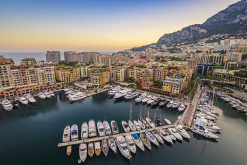 Monaco Ville Harbour sunset panorama city skyline, Monte Carlo, Monaco