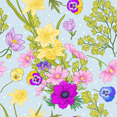 Seamless pattern with poppy flowers, daffodils, anemones, violet