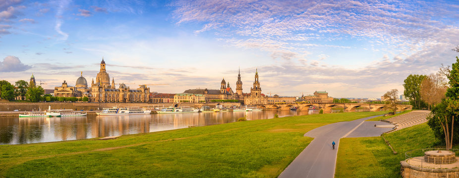 Dresden city skyline panorama at Elbe River and Augustus Bridge, Dresden, Germany