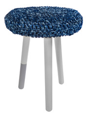 Handmade stool in white and gray. Round seat with blue and white string material.
