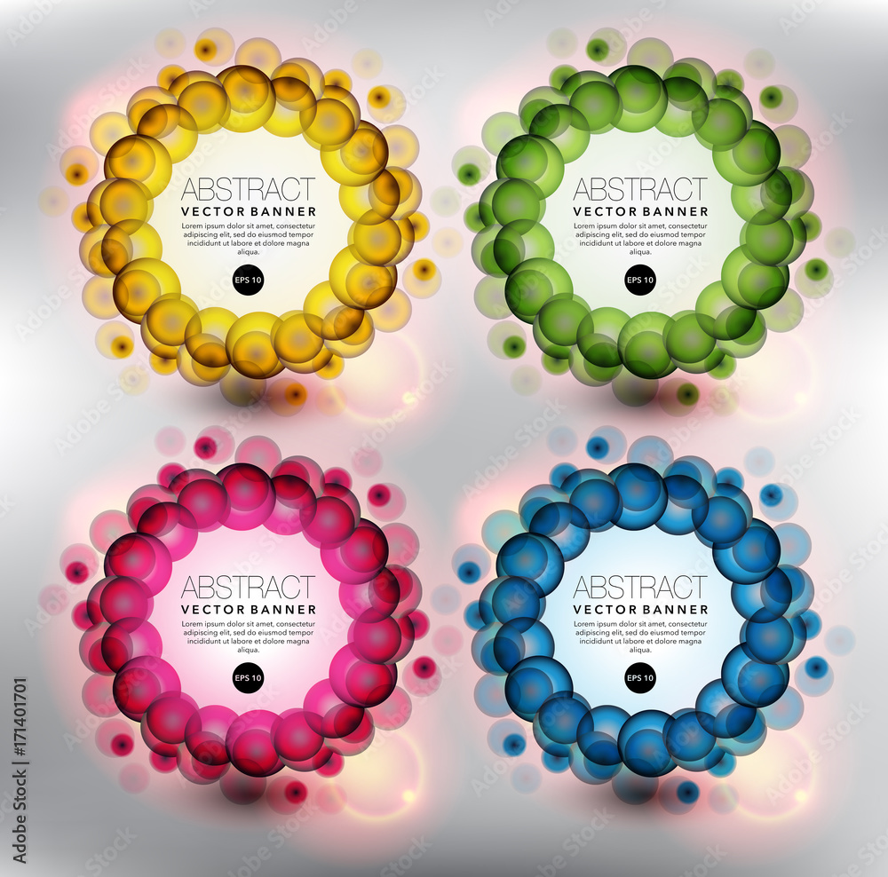 Wall mural abstract vector banner set of 4. bubbles in circular form. colorful and isolated with realistic ligh