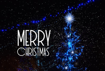 merry christmas card template with blue christmas tree