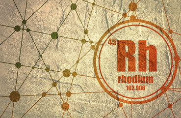 Fototapeta na wymiar Rhodium chemical element. Sign with atomic number and atomic weight. Chemical element of periodic table. Molecule And Communication Background. Connected lines with dots. Grunge distress texture.