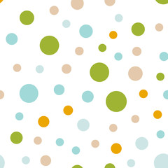 Colorful polka dots seamless pattern on white 1 background. Extraordinary classic colorful polka dots textile pattern. Seamless scattered confetti fall chaotic decor. Abstract vector illustration.