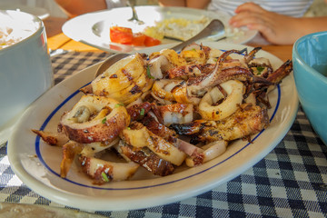 adriatic squid served on plate roasted on charcoal barbecue close-up