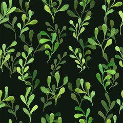 Watercolor hand drawn green leaves floral repeating pattern, dark seamless defocused background. Botanical illustration.