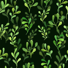 Watercolor hand drawn green leaves floral repeating pattern, dark seamless background. Botanical illustration.
