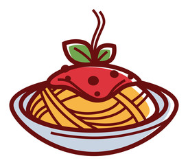 Delicious hot pasta with red sauce and herbs