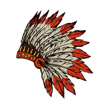 Native American with feathers. Vector drawing