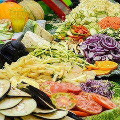 fresh cut vegetables and fruit at the market