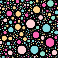 Colorful polka dots seamless pattern on black 3 background. Fascinating classic colorful polka dots textile pattern. Seamless scattered confetti fall chaotic decor. Abstract vector illustration.