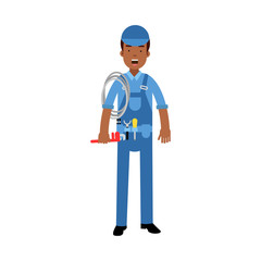 Proffesional plumber character in a blue overall standing with monkey wrench and roll of rope, plumbing service vector Illustration