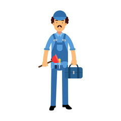 Proffesional plumber character in a blue overall standing with plunger tool and tool box, plumbing service vector Illustration