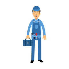 Proffesional plumber character in a blue overall standing with tool box, plumbing service vector Illustration