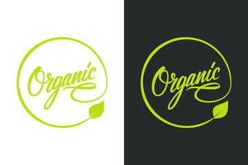 Organic logo design with hand drawn lettering and green leaf. Vector illustration.