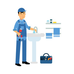 Proffesional plumber character with monkey wrench repairing faucet tap, plumbing service vector Illustration