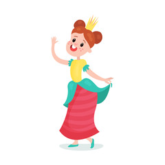 Beautiful happy cartoon princess girl character in a ball dress and crown colorful vector Illustration
