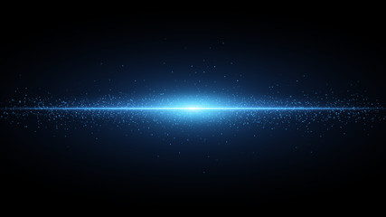 Blue flash on a black background. Flying magical blue dust. The effect of the camera. Glowing line. Vector