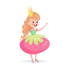 Beautiful smiling cartoon princess girl character in pink dress and crown colorful vector Illustration