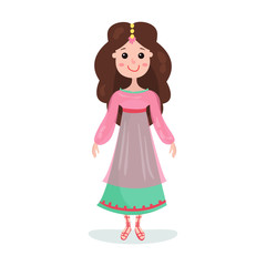 Beautiful brunette cartoon princess girl character colorful vector Illustration