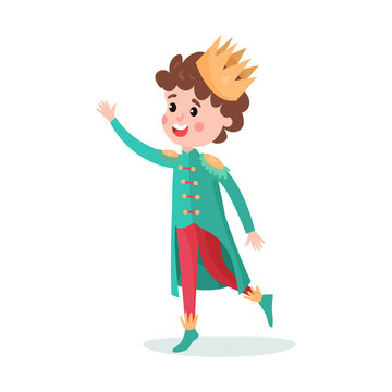  Cute cartoon boy character in prince costume with crown colorful vector Illustration
