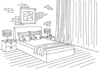 Bedroom graphic black white interior sketch illustration vector © aluna1