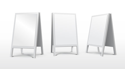 Set of round empty blank advertising. Stands sidewalk signs. Street handheld sandwich. Vector illustration. Isolated on white background