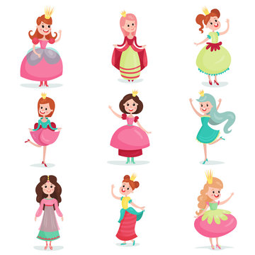 Beautiful cartoon princess girls in a ball dress and crown set, cute cartoon characters colorful vector Illustrations
