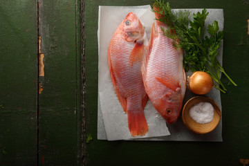 Two Raw fish on green background