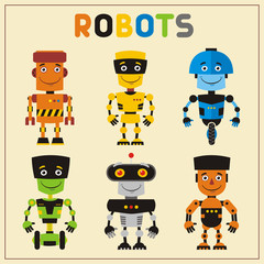 Set funny robots in cartoon style. Collection isolated robots with smile.