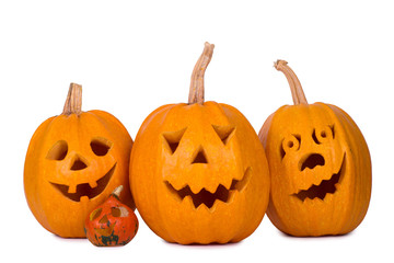 Halloween pumpkin, three funny face isolated on white background