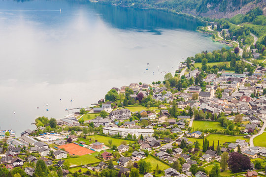 View of austrian alpine village St. Gilgen and Wolfgangsee lake from Plomberg mountain