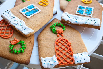 Parts of ginger bread houses. Homemade cookies for christmas. Symbol of xmas. Preparation for merry christmas. Food holiday background.