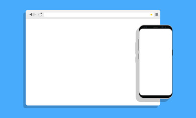 Browser window with cellphone on blue background. Concept for display responsive web-design in modern flat style. Vector illustration