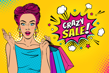 Wow female face. Sexy surprised young woman with open mouth and pink hair holding shopping bags and Crazy sale speech bubble. Vector bright background in pop art retro comic style. 