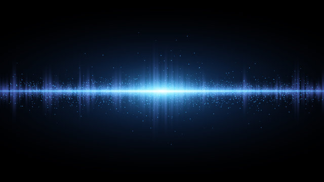 Sound waves of light blue on a dark background. Background for the radio, club, party. Vibration of light. Bright flash of light with luminous dust. Vector
