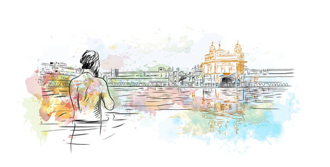 Watercolor sketch of Golden Temple Amritsar India in vector illustration.