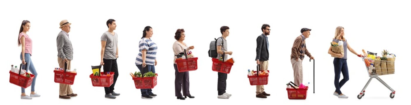 People with groceries waiting in line