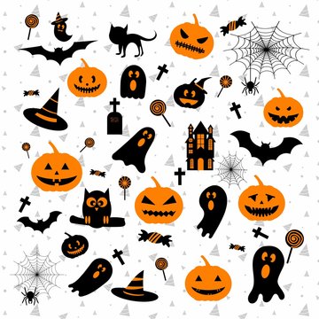 Happy Halloween design elements with ghost pumpkin, castle, bat, hat, spider web for greeting card, poster, banner, Vector illustration icon
