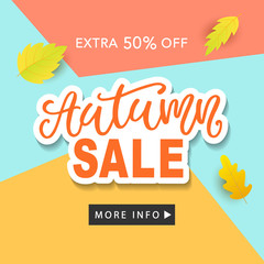 Autumn Sale Fashionable Banner Template with Colorful Fall Leaves on bright trendy blue background