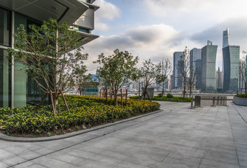 cityscape and skyline of shanghai in blue sky from empty floor.