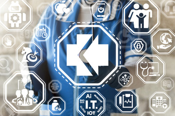Smart Medicine Improvement Development Health Care Innovative Information Technology concept. Doctor touched medical cross arrow inside icon on a virtual interface.