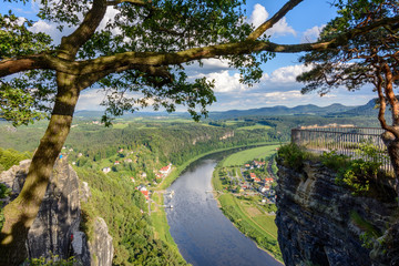 Aerial view of Elbe river in Saxon Switzerland national park, Germany