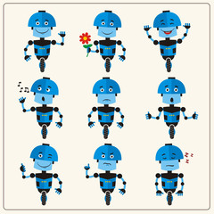 Set emoticon blue robot with different emotions in cartoon style. Collection isolated robots in various poses.