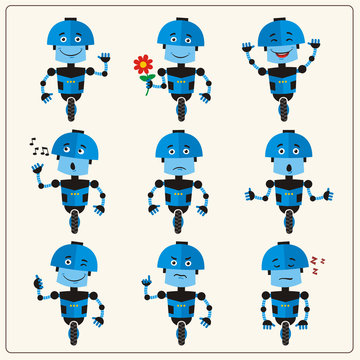 Set emoticon blue robot with different emotions in cartoon style. Collection isolated robots in various poses.