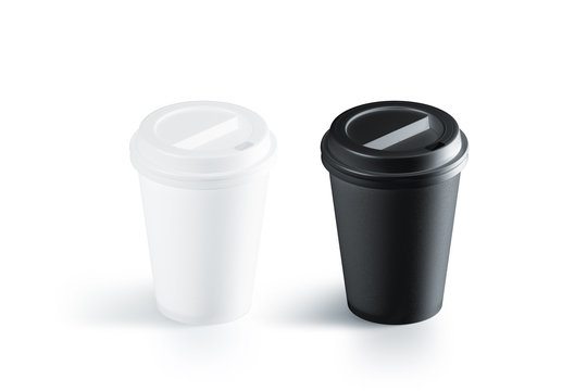 Blank black and white disposable paper cup with plastic lid mockup isolated, 3d rendering. Empty polystyrene coffee drinking mug mock up front view. Clear plain tea take away package