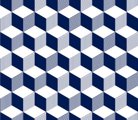 Abstract 3d striped cubes geometric seamless pattern in blue and white, vector
