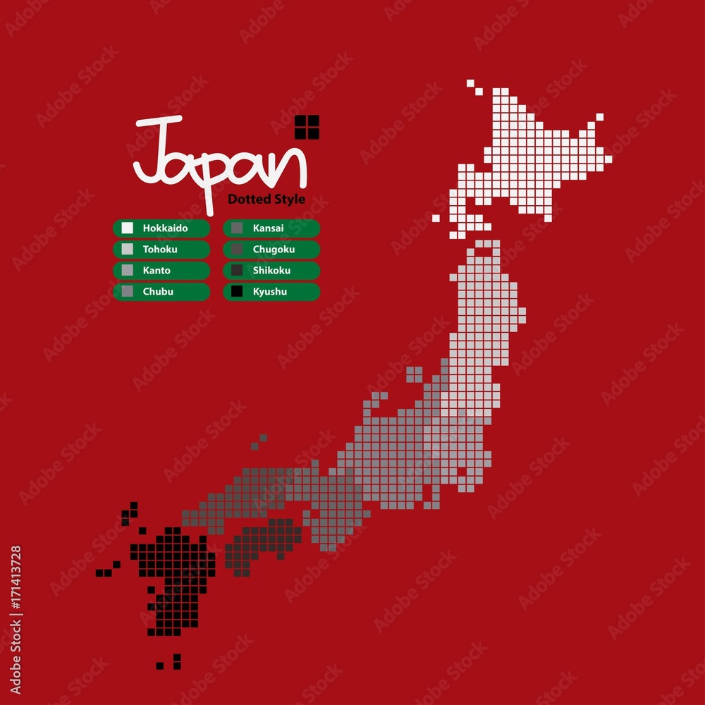 Poster Japan Map of pixel shape with the continent in a different gray color on a red background. Vector illustration dotted style.