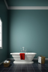 Modern bath tub in front of wall with towels and window upright 3d rendering