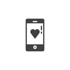 Smartphone with heart  icon vector, filled flat sign, solid pictogram isolated on white. Charity  symbol, logo illustration